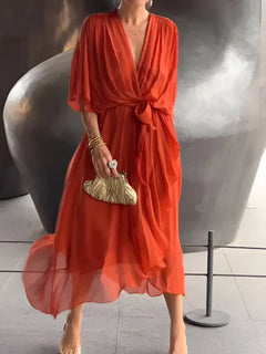 Claire | Midi-Kleid mit Taillengürtel in Orange