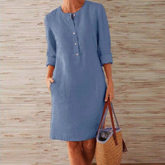 Geknöpftes Leinen-Sommer Midikleid für Damen in Blau