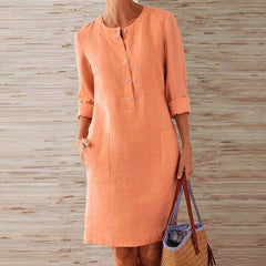 Geknöpftes Leinen-Sommer Midikleid für Damen in Orange
