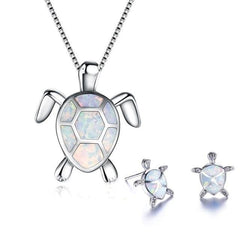Meeresschildkröte Halskette + Ohrringe Set aus Opal und Silber in Weiß
