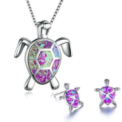 Meeresschildkröte Halskette + Ohrringe Set aus Opal und Silber in Violett