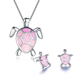 Meeresschildkröte Halskette + Ohrringe Set aus Opal und Silber in Rosa