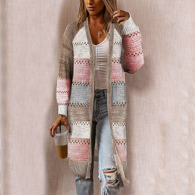 Gestreifte Patchwork Strickjacke für Frauen