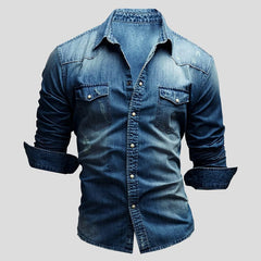 Ralf | Herren Jeanshemd Langarm im Used-Look in Dunkel Blau