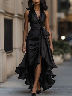 Raphaela | Damen Neckholder Wickel Abendkleid in Schwarz