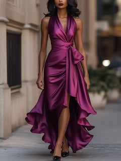 Raphaela | Damen Neckholder Wickel Abendkleid in Fuchsia