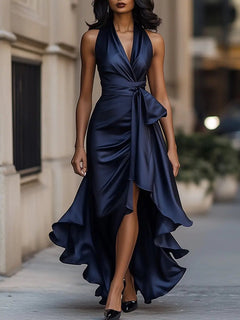 Raphaela | Damen Neckholder Wickel Abendkleid in Marine Blau