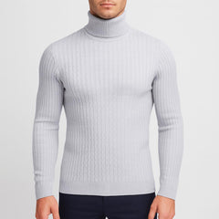 Rehbar | Herren Klassischer Zopfmuster Rollkragenpullover in Hellgrau