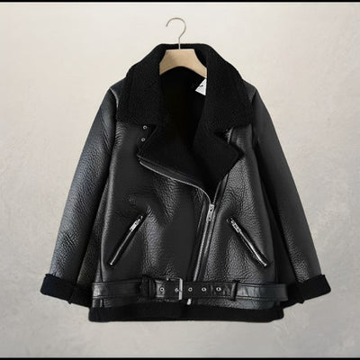Alva - Stilvolle Leder-Bikerjacke mit Polokragen und Gürtel
