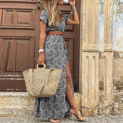 Justine | Lange Boho-Robe mit Gürtel in Grau
