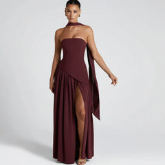 Nathalie | Damen Maxikleid Korsettstil Schaldetail Hoher Schlitz – Korsett Maxi 2026 in Braun