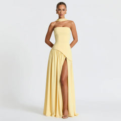Nathalie | Damen Maxikleid Korsettstil Schaldetail Hoher Schlitz – Korsett Maxi 2026 in Zitronengelb