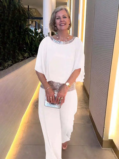 Romy | Damen Zweiteiler Abendmode Pailletten Set in Weiß