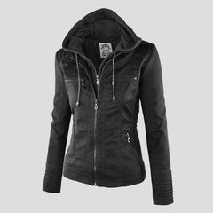 Ronja | Wetterfeste Kapuzen-Lederjacke in Schwarz