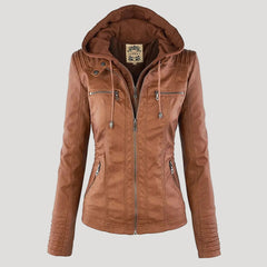 Ronja | Wetterfeste Kapuzen-Lederjacke in Khaki
