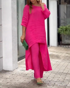 Asymmetrisches Leinen-Zweiteiler-Set für Damen in Rosa