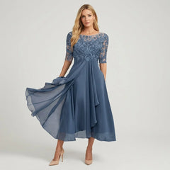 Ella | Damen Festliches Spitzen Midikleid in Blau