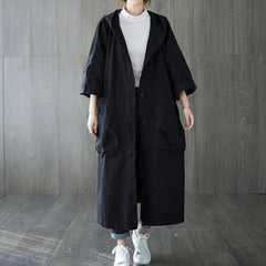 Trenchcoat Damen | Oversize Mit Taschen Und Kapuze in Schwarz