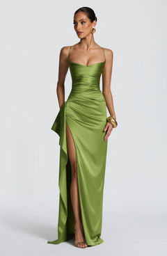 Sandra | Damen Langes Satin Abendkleid in Grün