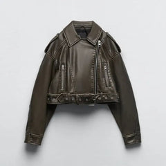 Damen Cropped Biker Lederjacke in Grün