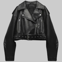 Renate | Damen Cropped Leder-Bikerjacke in Schwarz