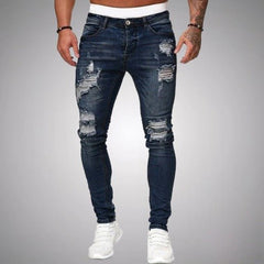 Herren Jeans Zerrissen Slim Fit | Atmungsaktiv Hose in Dunkelblau