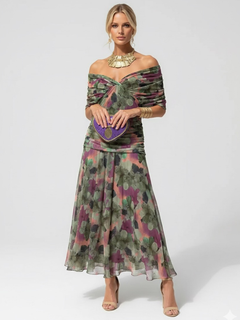 Sophie | Leichtes Elegantes Blumen Midikleid in Grünes Blumenmuster mit Lila