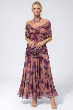 Sophie | Leichtes Elegantes Blumen Midikleid in Lila Blumenmuster mit Pink