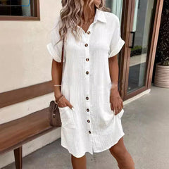 Buttoned Short Sleeve Pocket Casual Shirt Dress in Weiß