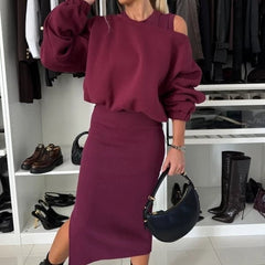OLGA - SET AUS SWEATSHIRT UND MIDIKLEID in Burgundisch