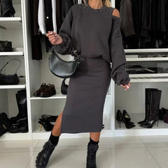OLGA - SET AUS SWEATSHIRT UND MIDIKLEID in Grau