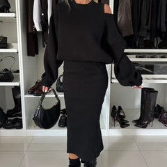OLGA - SET AUS SWEATSHIRT UND MIDIKLEID in Schwarz