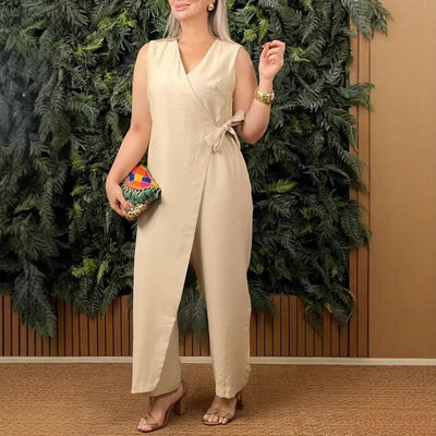 SABRINE - Lässiger einfarbiger V-Ausschnitt Jumpsuit mit Bindebändern für Damen