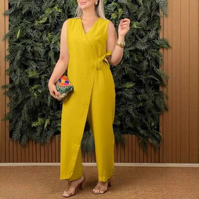 SABRINE - Lässiger einfarbiger V-Ausschnitt Jumpsuit mit Bindebändern für Damen
