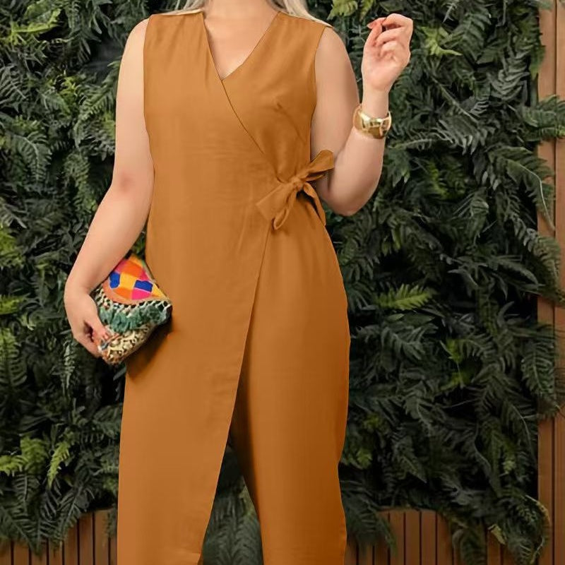 SABRINE - Lässiger einfarbiger V-Ausschnitt Jumpsuit mit Bindebändern für Damen