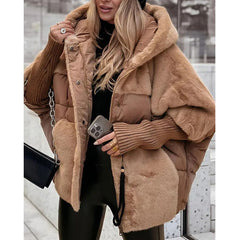 Yohan - Patchwork-Puffer mit Kapuze für Dame in Dunkelkhaki