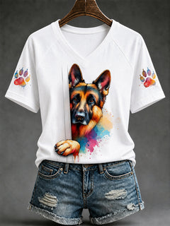 Damen-T-Shirt mit niedlichem Hundeaufdruck – Geschenk für Tierliebhaber, lässig, V-Ausschnitt in Weiß