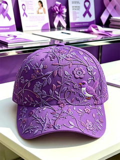 Unisex-Mütze in Lila mit Blumen- und Kolibri‑Muster zur Sensibilisierung für die Alzheimer‑Krankheit in Lila