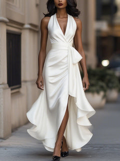 Stephanie | Dramatisches Satin-Maxikleid in Weiß