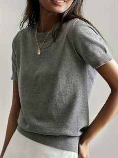Sunniva | Damen Kurzarm Strickpullover Rundhals in Grau