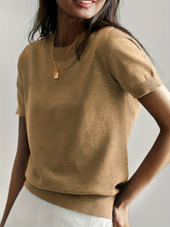 Sunniva | Damen Kurzarm Strickpullover Rundhals in Beige