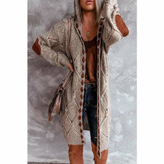 Lässige lange Strickjacke mit Kapuze für Frauen in Khaki