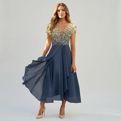 Emma | Damen Elegantes Tailliertes Hochzeitsgast Maxikleid in Blau