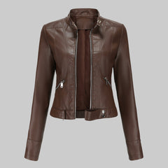 Lara | Damen Casual Gürtel Bikerlederjacke in Dunkel Braun