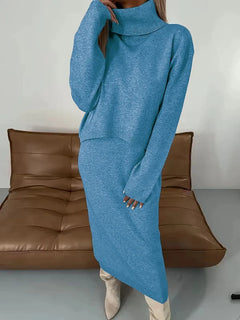 Thalina | Damen Strick-Set Zweiteilig Kleid Pullover in Hellblau