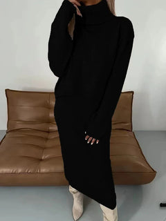 Thalina | Damen Strick-Set Zweiteilig Kleid Pullover in Schwarz