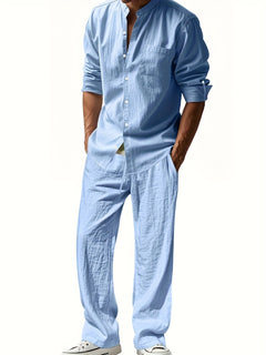 Theron | Herren Stehkragen Zweiteiler Hemd und Hose Set in Blau