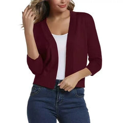 Thordis | Damen Strickjacke Offene Front 3/4 Arm in Burgunder