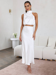 Tindra | Damen Neckholder Zweiteiler Crop Top Maxirock in Weiß