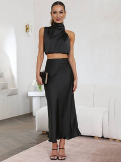 Tindra | Damen Neckholder Zweiteiler Crop Top Maxirock in Schwarz